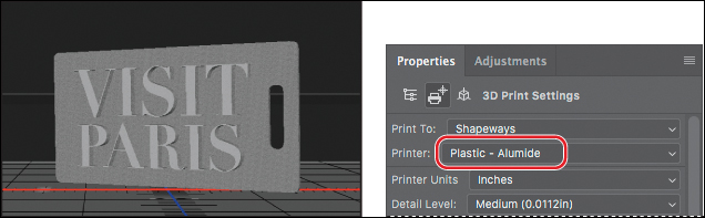 A screenshot shows a 3D images with text "VISIT PARIS" written on a rectangular red box. It also shows the "Properties panel" with "Plastic - Alumide" option from the "Printer" menu highlighted.