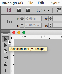 A screenshot of InDesign CC shows the "Tools" panel with "Selection tool" at the top highlighted.