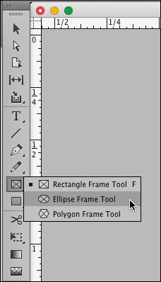 A screenshot shows the Frame tool with in options "Rectangle frame tool," "Ellipse frame tool," and "Polygon frame tool." The "Ellipse frame tool" is selected.