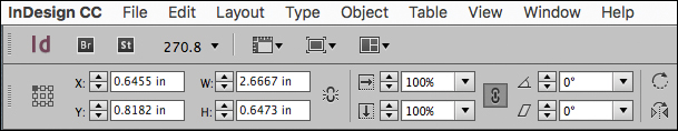 A screenshot of InDesign CC shows the control panel with following attributes:  Position - X: 0.6455 in - Y: 0.8182 in  Size - W: 2.6667 in - H: 0.6473 in  View percent: 100 percent  Rotation: 0 degree