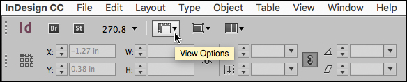 A screenshot of InDesign CC shows the "Application bar" with "View Options" selected. The button for the "View Options" has arrow to take options.