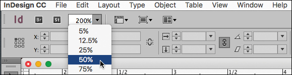 A screenshot of InDesign CC shows the "Application bar" with options for view percent as "5 percent," "12.5 percent," "25 percent," "50 percent," and "75 percent." The option 50 percent is selected.