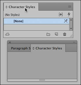 A screenshot shows a panel dock with the "Paragraph Styles panel" and "Character Styles panel" displayed. It also shows the mouse pointer being used to drag out the "Character Styles panel" from the dock.