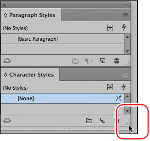 A screenshot shows a panel dock with the "Paragraph Styles panel" and "Character Styles panel" displayed. The "Character Styles panel" is below the "Paragraph Styles panel" and mouse point is being used to drag the lower-right corner of the "Character Styles panel" to resize it.