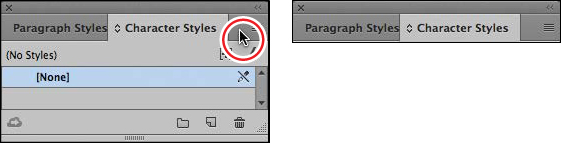 A screenshot shows a panel dock with the "Paragraph Styles panel" and "Character Styles panel" displayed. It also shows these panels minimized by double-clicking the gray area to the right of each panel.