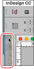 A screenshot of InDesign CC shows the "Tools panel" being docked by dragging the dotted bar at the top with a blue line shown along the edge of the workspace.