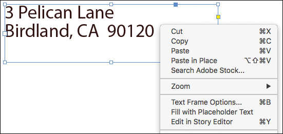 A screenshot shows a page with text "3 Pelican Lane; Birdland, CA 90120" selected and a menu with various options displaced in the foreground.