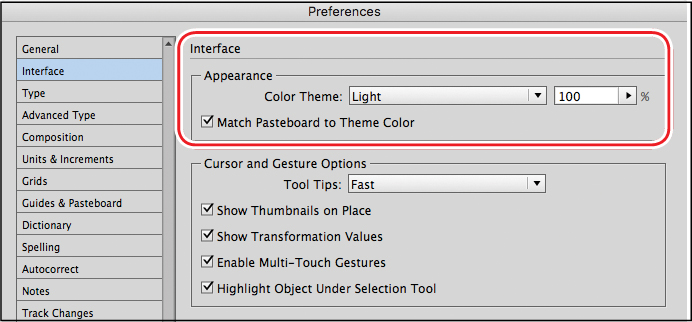 A screenshot shows the "Preferences" with option "Interface" selected. It shows a section labeled "Appearance" with two textboxes labeled "Color Theme." Each of these textboxes has an arrow for selecting options and "Light" is selected in first textbox and 100 percent is selected in the second textbox. The text "Match Pasteboard to Theme Color" preceded by a check box is shown below the text box. The check box is selected.