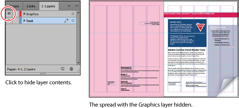 A screenshot the "Layers panel" displaying a list of a documents layers as "Graphics" and "Text" each preceded by an arrow and followed by a check box. Each layer has an eye icon and the option "Text" is highlighted. On the right of the "Layer panel" the spread with the "Graphics layer" hidden is also shown.