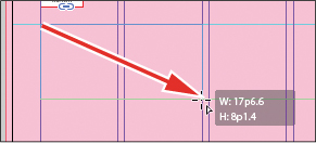 A screen shot shows the "Type tool" in the "Tools panel" with the pointer positioned where the left edge of the first column meets the horizontal guide at 22p0 on the vertical ruler. The pointer is being dragged to position "W: 17p6.6, H: 8p1.4."
