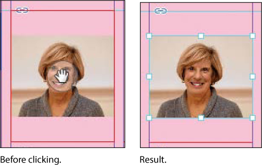A set of two screenshots with the first showing the pointer of the "Selection tool" positioned over the content grabber within a photo and second showing the photo selected.