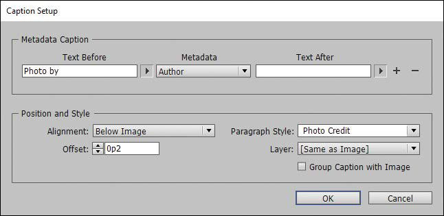 A screenshot shows the "Caption Setup" dialog box with sections as "Metadata Caption" and "Position and Style."