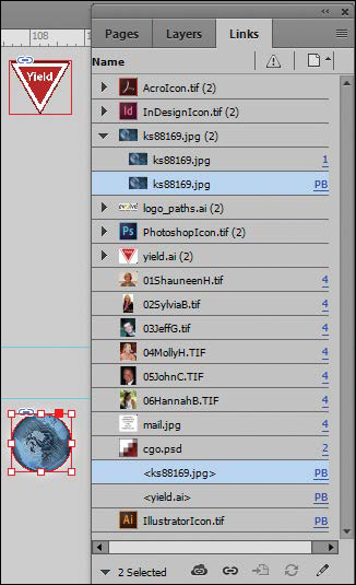 A screenshot shows the Yield sign graphic at the top and the circular graphics frame at the bottom of the page with the "Links panel" displaying all of the filenames in the scroll list.