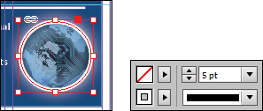 A screenshot shows the "Control panel" being used to apply a 5-point white [Paper] stroke to the circular graphics frame.