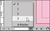 A screenshot shows the page box at the bottom of the document window displaying the options 1, 2, 3, 4, and A-Master with mouse pointer above 3.