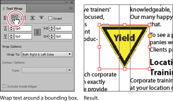 A screenshot shows the "Text Wrap panel" with the hand tool above the "Wrap Around Bounding Box" option. It also shows the result as the white space left around the Yield sign graphic placed on the page.