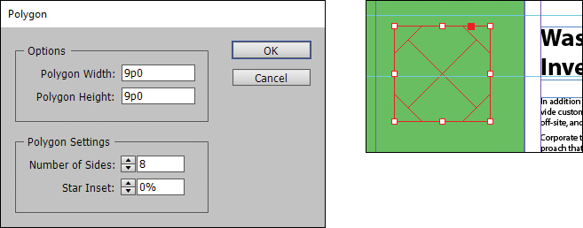 A screenshot shows the "Polygon Frame tool" being used to draw a polygon. It also shows the "Polygon dialog box" with sections for "Options" and "Polygon Settings."