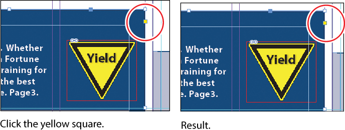 A set of two screenshots show the "Selection tool" being used to resize a frame. It shows a text graphics and the Yield sign graphic on the left with a small yellow square slightly below the resizing handle at the upper-right corner of the frame. It also shows the resized graphics as a result on the right.