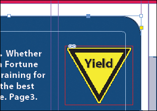 A screenshot shows the "Selection tool" being used to resize a frame. It shows a text graphics and the Yield sign graphic with a small yellow square slightly below the resizing handle at the upper-right corner of the frame.