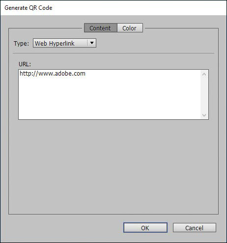 A screenshot shows the "Generate QR Code" dialog box with tabs "Content" and "Color." The tab "Content" is selected and displays a textbox labeled "Type" with an arrow to select options and "Web Hyperlink" selected. Below this textbox is another textbox labeled "URL:" with "http://www.adobe.com" displayed in the box.