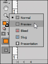 A screenshot shows the "Tools panel" with the current screen mode button at the bottom. The menu shows the options as "Normal," "Preview," "Bleed," Slug," and "Presentation" with mouse pointer over the "Preview" option.