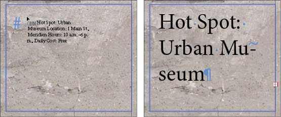 A set of two screenshot shows a loaded text icon near top left corner with a paragraph of text below it and text "Hot Spot: Urban Museum."