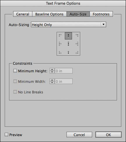 A screenshot shows the "Text Frame Options" dialog box with tabs as "General," "Baseline Options," "Auto-Size," and "Footnotes."