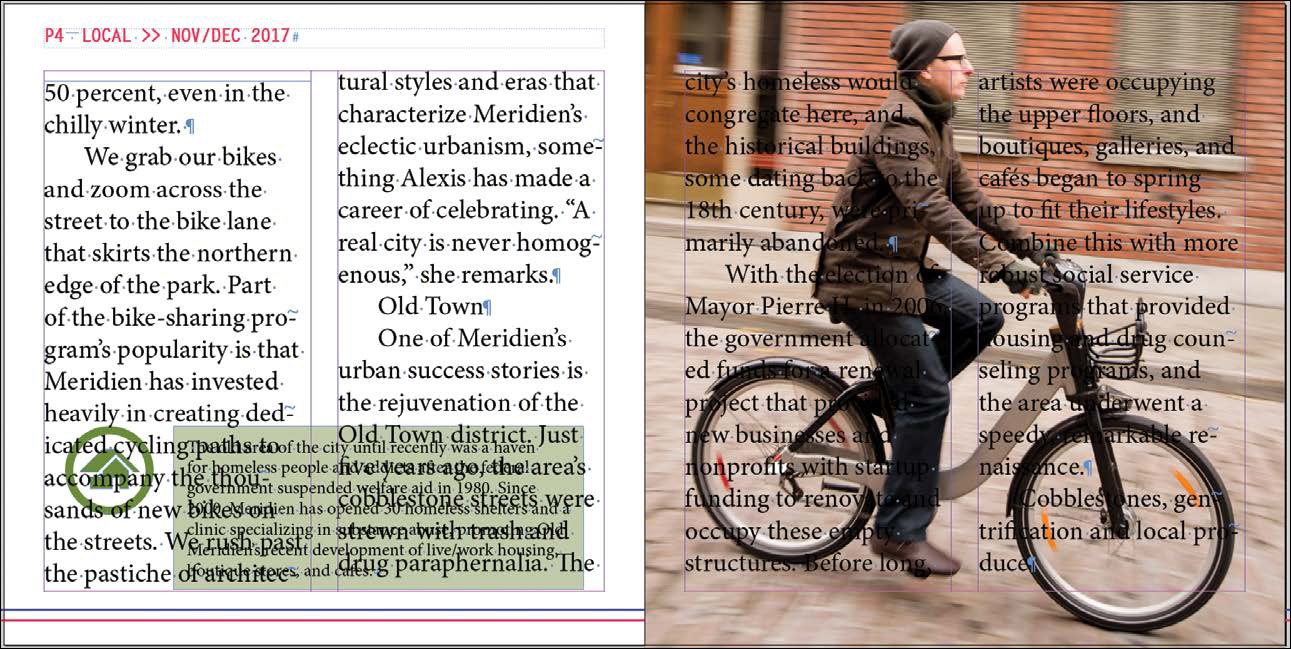 A screenshot shows a two-column page with the text in both the text frames and a two-column page with a photo of a man riding a bicycle in the background with text in each text frame.