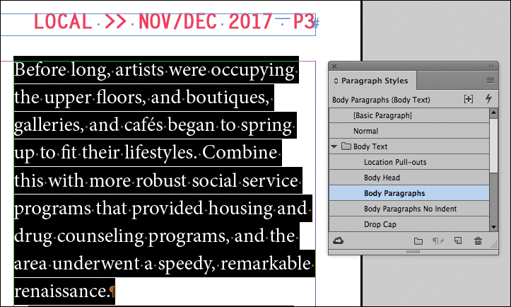 A screenshot shows a text frame with a paragraph of text. It also shows the "Paragraph Styles panel" with the option "Body Paragraphs" selected.