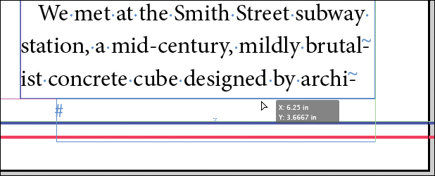 A screenshot shows a text frame with the "Selection tool" being used to drag the new text frame to the bottom of the second column of a page.