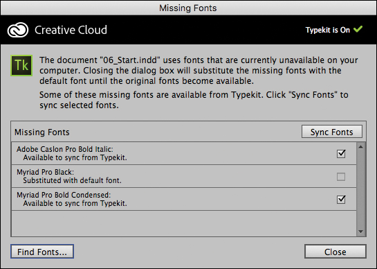 A screenshot shows the "Missing Fonts alert" with clickable buttons as "Sync Fonts," "Find Fonts," and "Close."