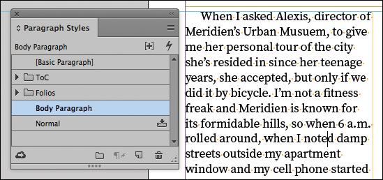 A screenshot shows text in a text frame and the "Paragraph Styles panel" with the "Body Paragraph" style selected.