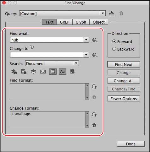 A screenshot shows the "Find/Change" dialog box for finding and changing text.
