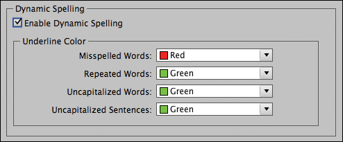 A screenshot shows the "Dynamic Spelling" section of the "Preferences" dialog box.