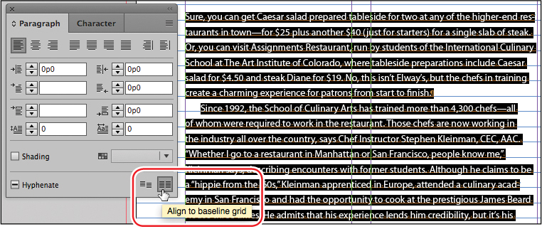 A screenshot shows the text in a text frame and the "Align To Baseline Grid" in the "Paragraph panel" highlighted.