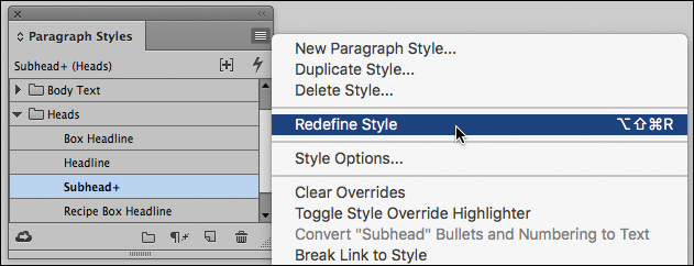 A screenshot shows the "Paragraph Styles" panel menu with "Redefine Style" selected.