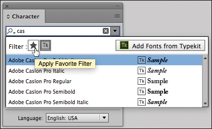 A screenshot shows the "Character panel" with hand tool over the "Apply Favorite Filter" at the top of the menu.