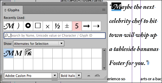 A screenshot shows the "Glyphs panel" with option "Alternates For Selection" in the "Show menu" selected.