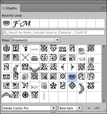 A screenshot shows the "Glyphs panel" with option "Ornaments" in the "Show menu" selected. It displays various symbols in a panel below the option.