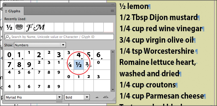 A screenshot shows a text frame with various lines of text and the "Glyphs panel" with option "Numbers" in the "Show menu" selected. It displays various numbers and fractions in a panel below the option with fraction 1 over 2 highlighted.