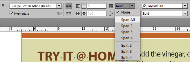 A screenshot shows the "Span Columns" menu in the "Control panel" with option "Span All" selected from the menu.