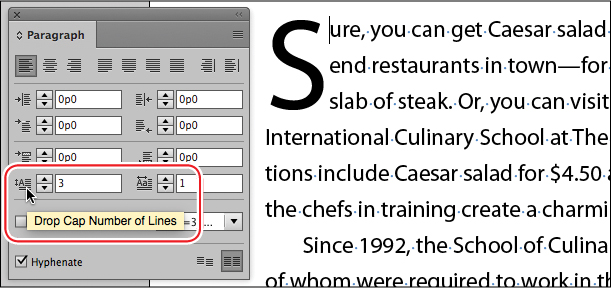 A screenshot shows a text frame with first letter "S" of the paragraph shown in large font and the "Drop Cap Number Of Lines" box in the "Paragraph panel" highlighted.