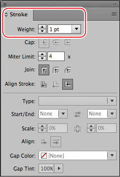 A screenshot shows the "Weight" box in the "Stroke panel" highlighted.