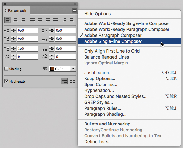 A screenshot shows the "Paragraph panel" with "Adobe Single-line Composer" from the panel menu selected.