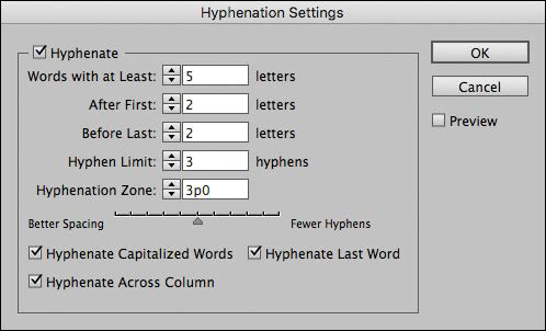A screenshot shows the "Hyphenation Settings" dialog box.
