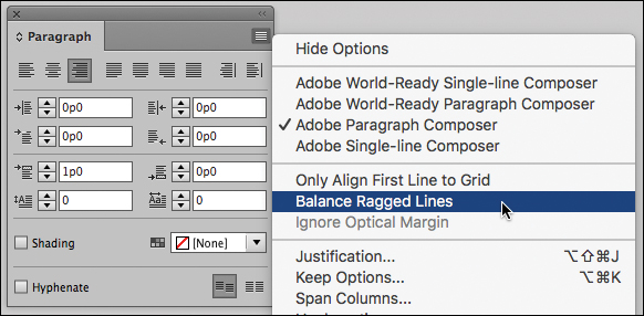 A screenshot shows the "Paragraph panel" with option "Balance Ragged Lines" from the panel menu selected.