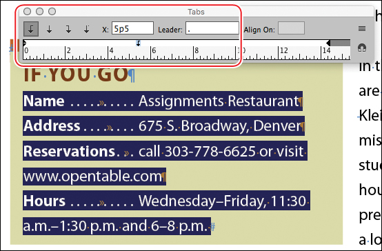 A screenshot shows a text frame with text in various lines with rows except the first row highlighted and tab leader at the top highlighted.