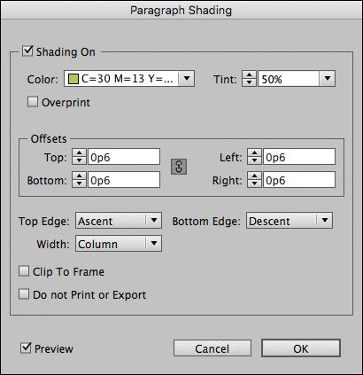 A screenshot shows the "Paragraph Shading" dialog box with 50 percent shown in the "Tint" option.