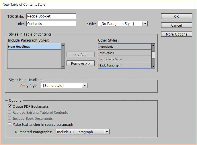 A screenshot shows the "New Table Of Contents Style" dialog box with "Main Headlines" for "Include Paragraph Style" option in the "Style in Table of Content" section selected.
