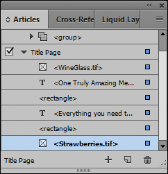 A screenshot shows the "Articles panel" with the "Strawberries.tif" element in the "Title Page" selected.